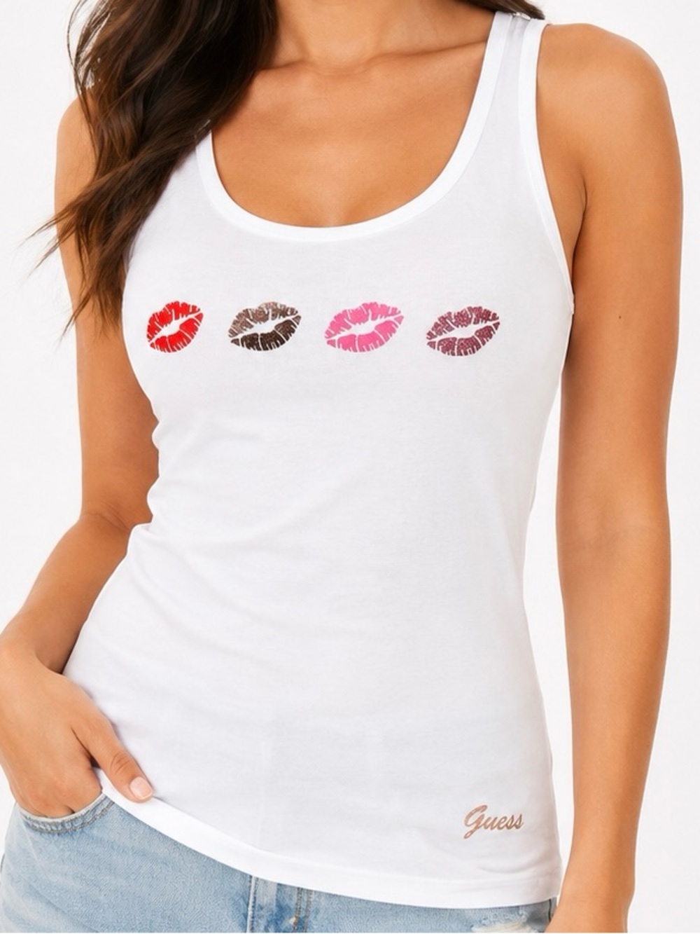 Guess White Tank with Red, Brown, Pink and Burgundy Lip Prints
